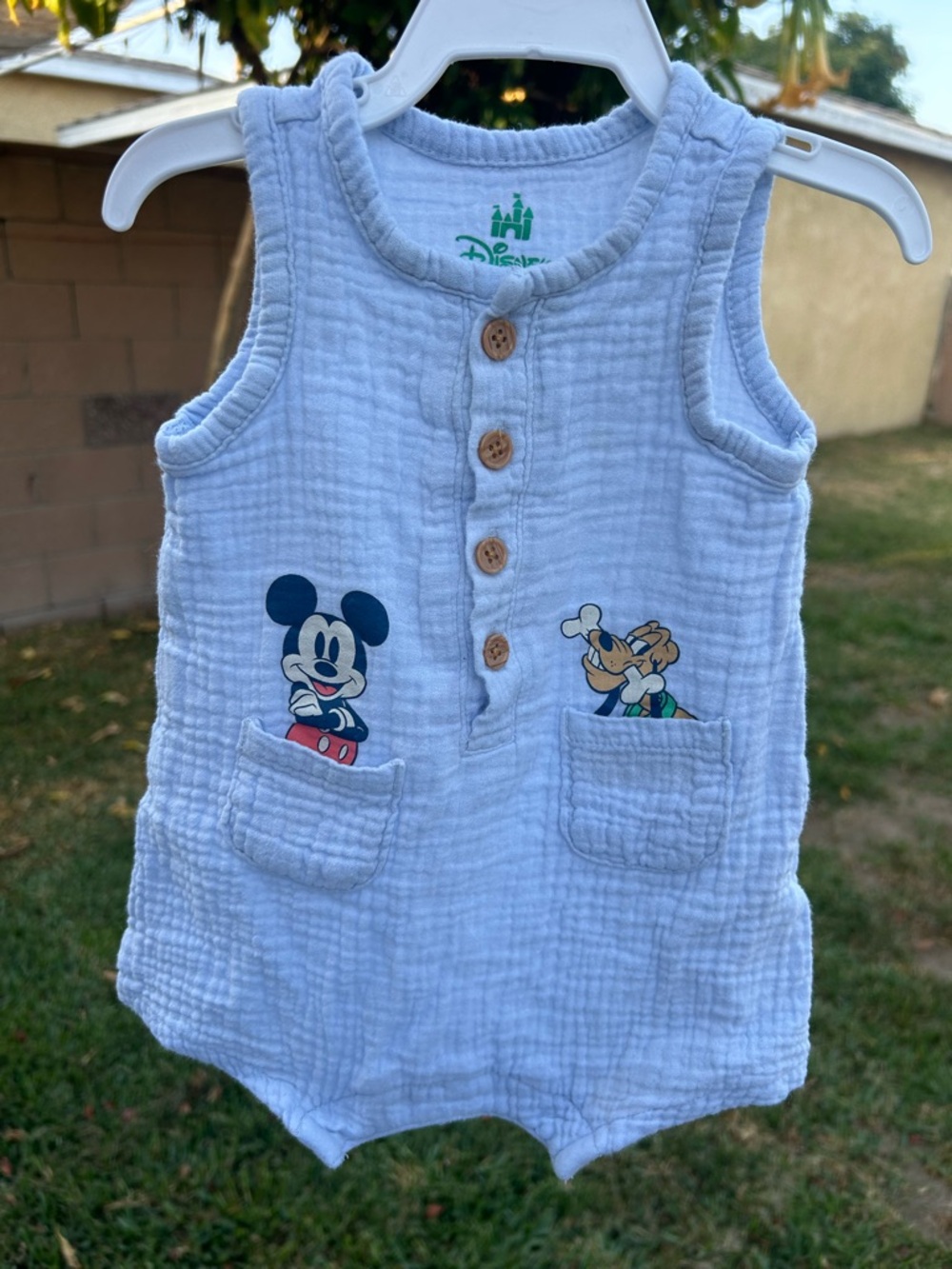 Disney light blue Baby Romper with Mickey & Pluto Pockets